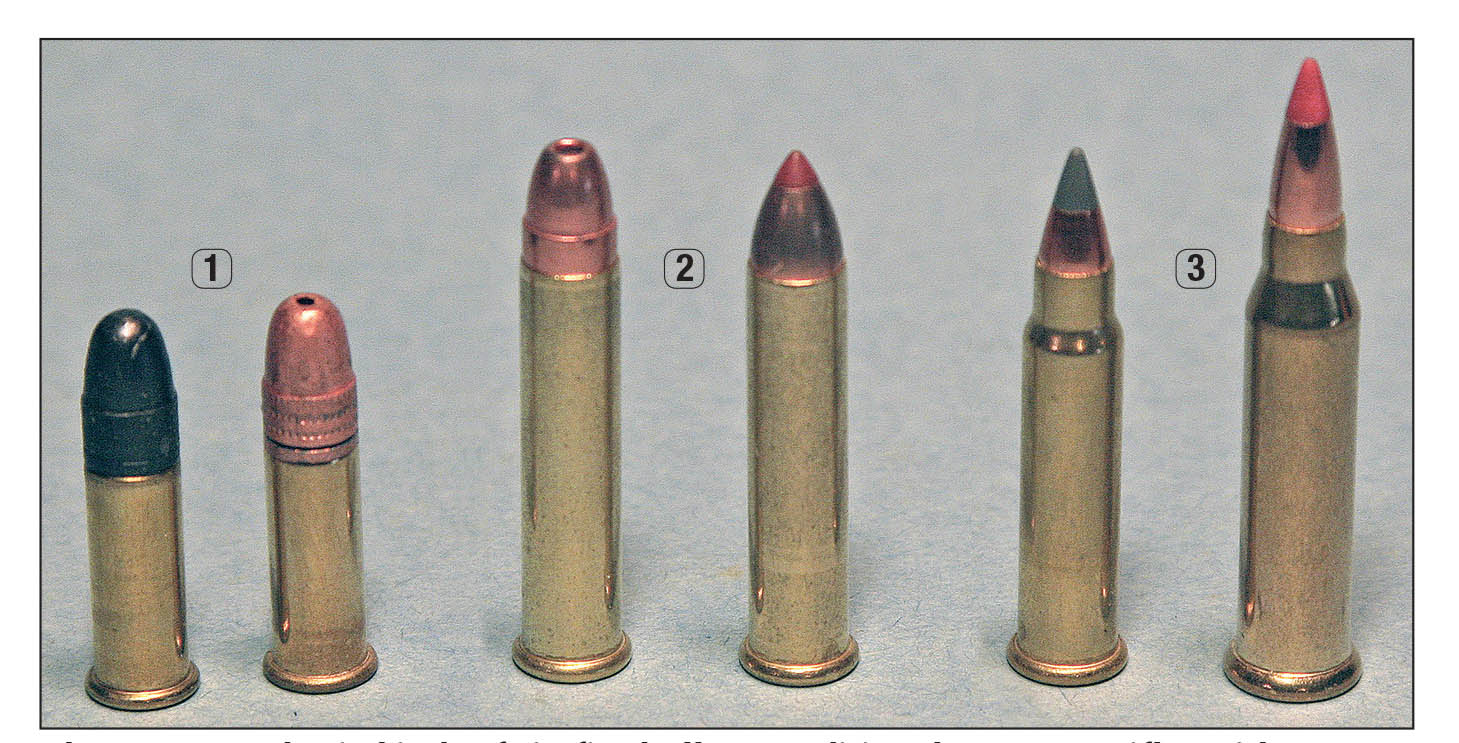 There are two basic kinds of rimfire bullets: traditional .22 Long Rifles with a groove-diameter cylindrical section in front of the case (1) and modern spitzers like those used in the .17 HMR and WSM (3). Today’s .22 Magnum ammunition comes with both types (2), resulting in widely varying bullet “jump” to the rifling.